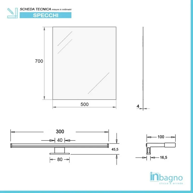 Specchio bagno 50x70 cm reversibile con lampada LED fredda