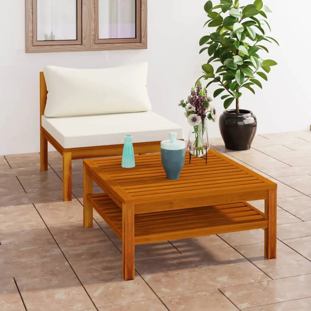 Set divani da giardino 2pz cuscini bianco crema massello acacia