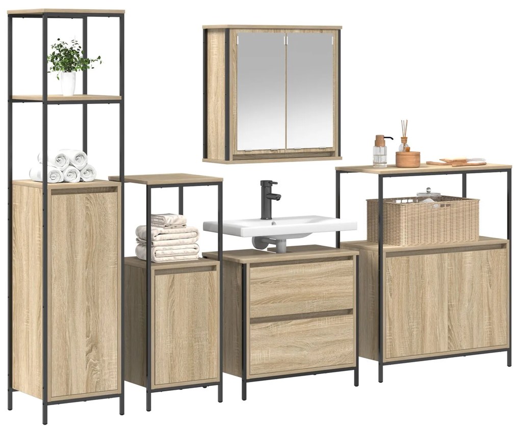 Set di mobili da bagno 5 pezzi in legno ingegnerizzato rovere sonoma