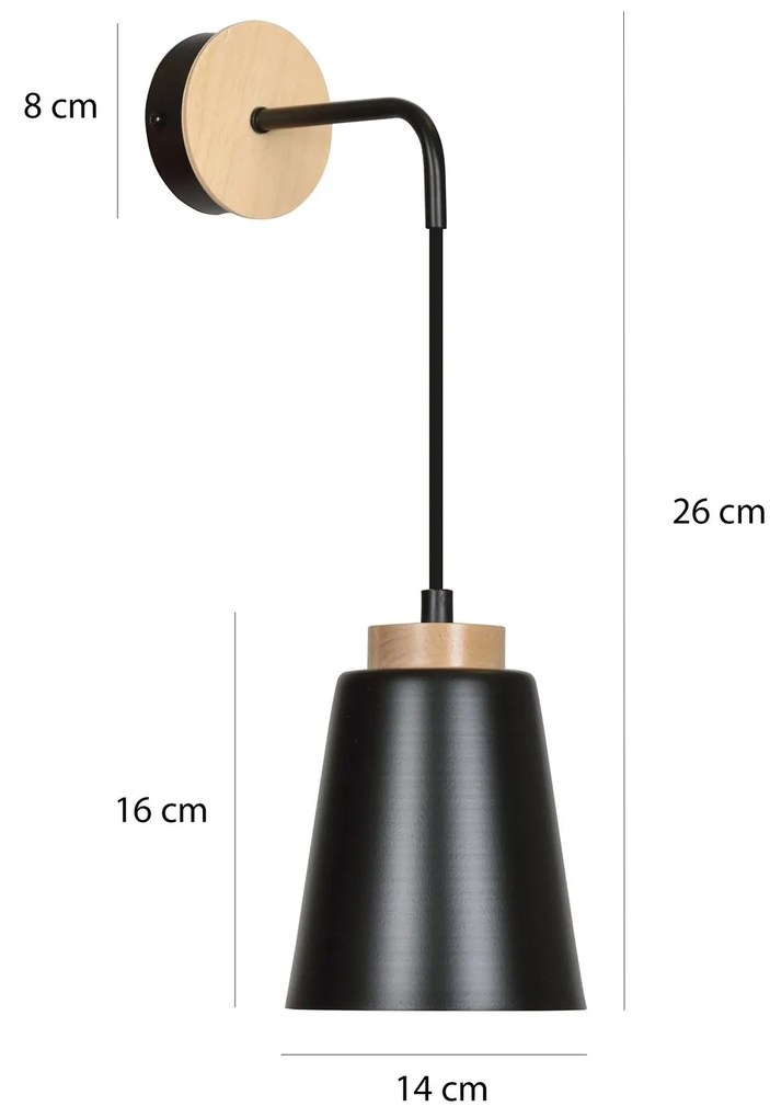 Applique 1 Luce Bolero A Cono In Acciaio Nero E Legno Naturale