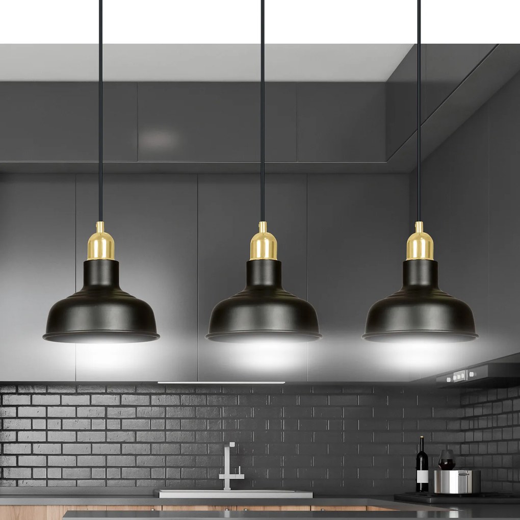 Lampadario Industrial 3 Luci Kubera In Acciaio Nero Con Elementi In Oro