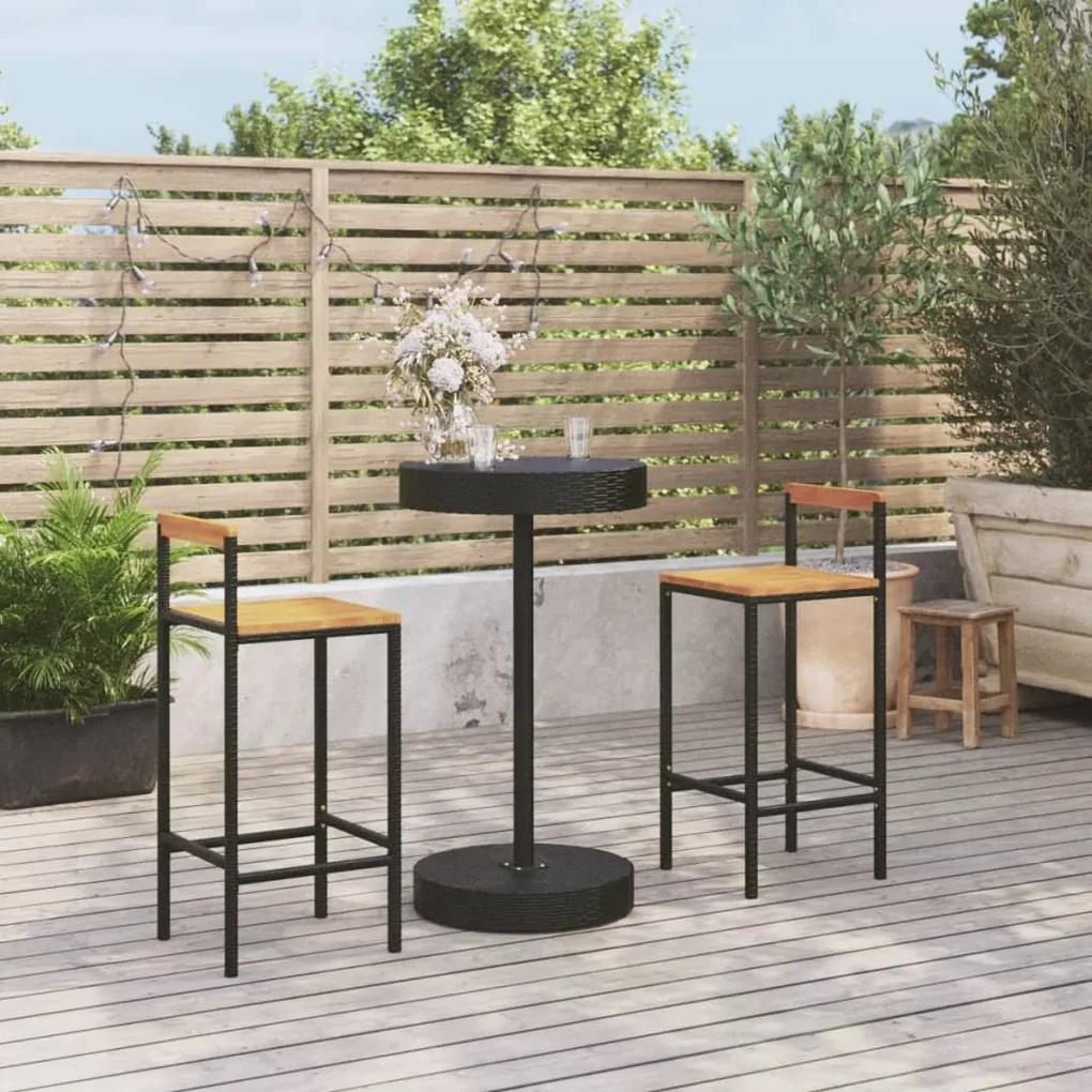 Set bar giardino 3 pz nero polyrattan e legno massello acacia