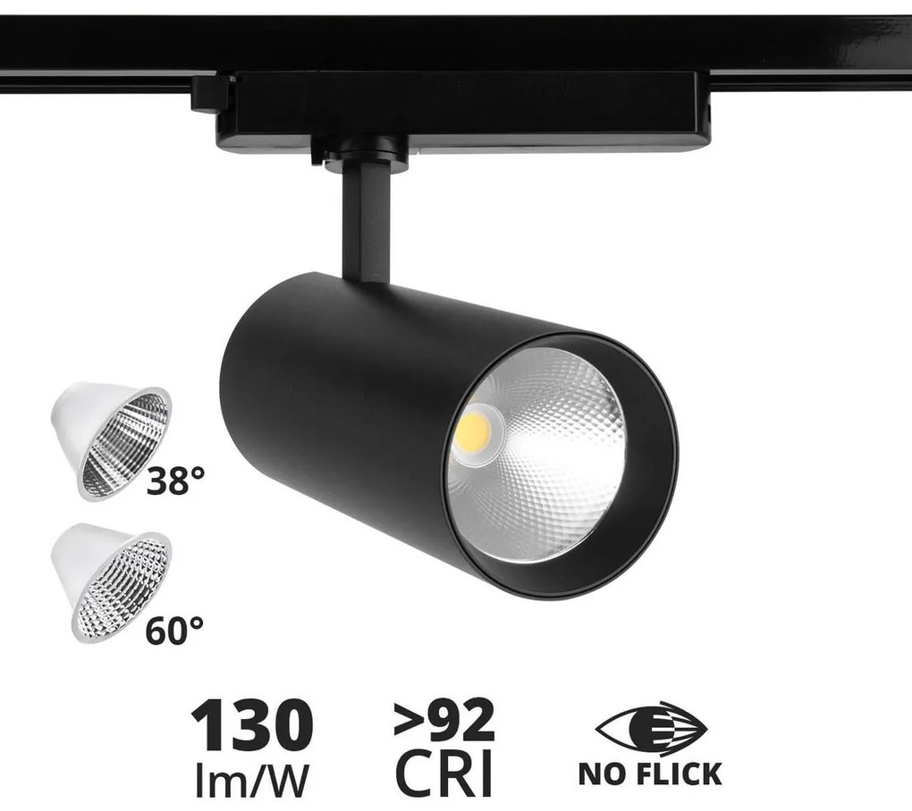 Faro LED 40W Monofase Nero 38°e 60° 130LM/W CRI92 no Flickering Colore Bianco Naturale 4.000K