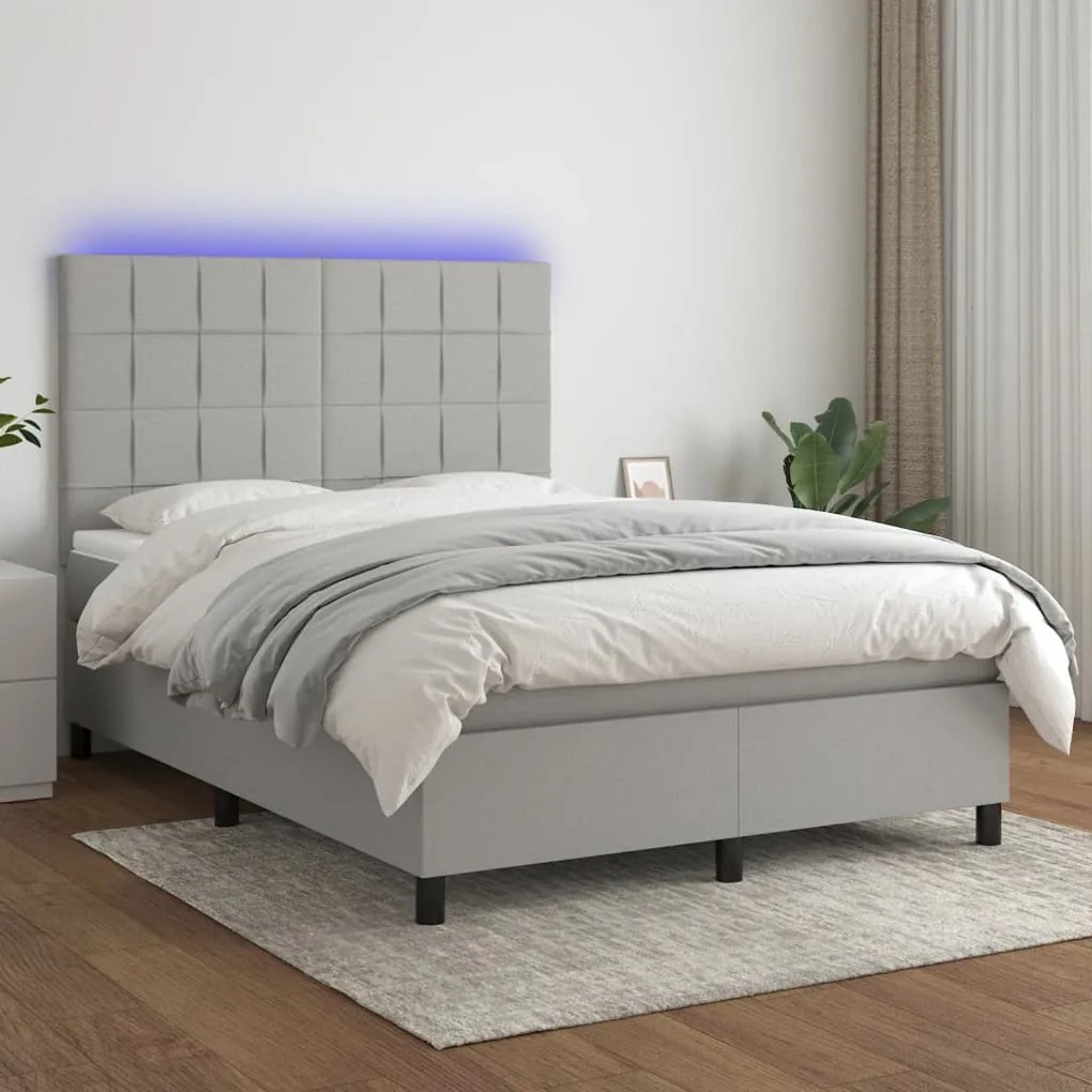 Letto a molle materasso e led grigio chiaro 140x190 cm tessuto