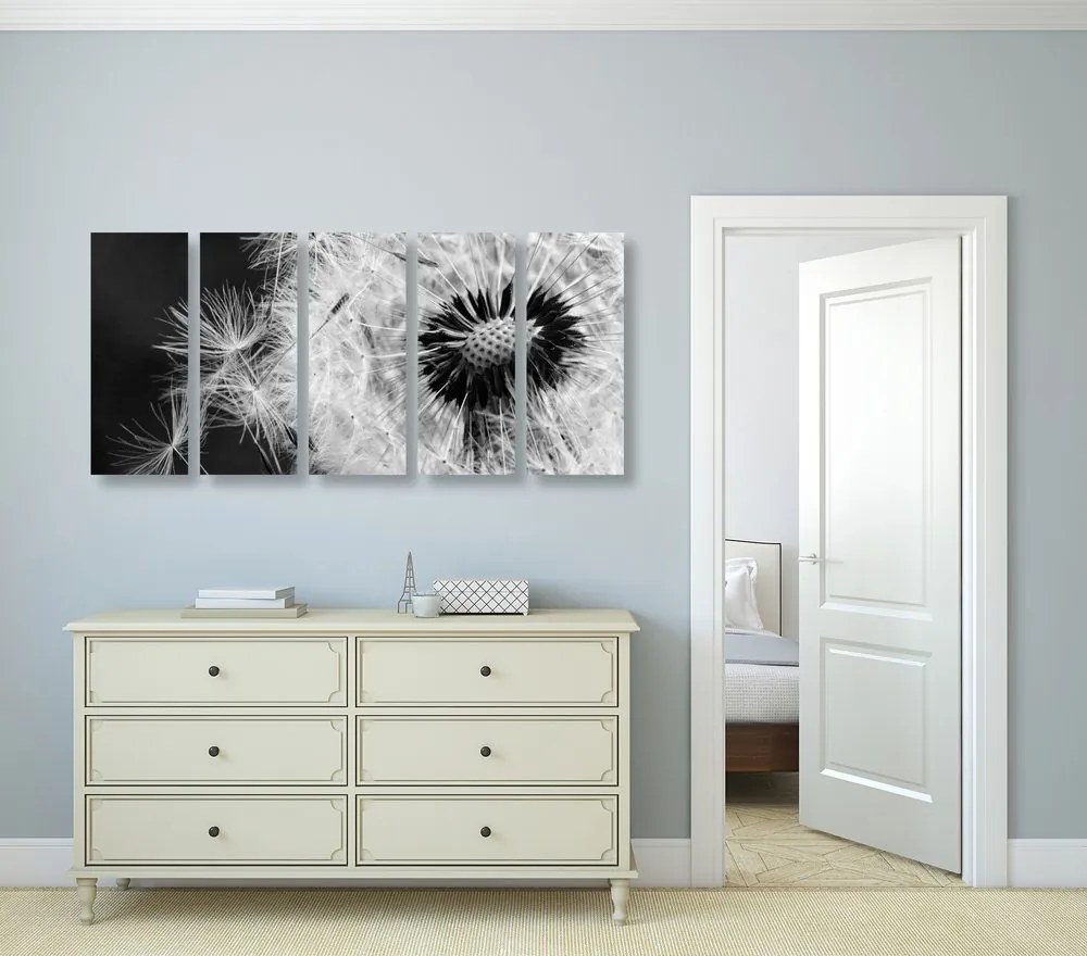 Quadri 5 pezzi – Semi di dente di leone in bianco e nero