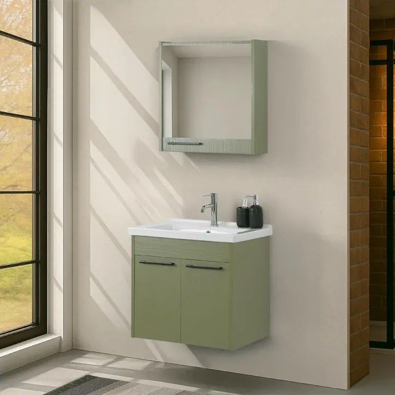 Mobile bagno sospeso 65 cm verde effetto legno con armadietto a specchio Sofia