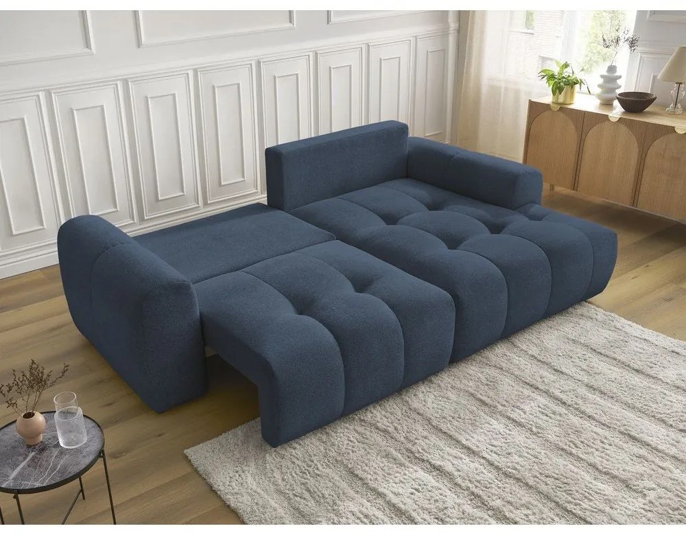 Divano angolare blu allungabile/con contenitore (con penisola a destra/con chaise lounge) con rivestimento in ciniglia Roxelane – Bobochic Paris