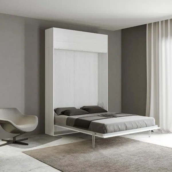 Letto a scomparsa a una piazza e mezza 120 cm con pensile KENTARO Bianco Frassino