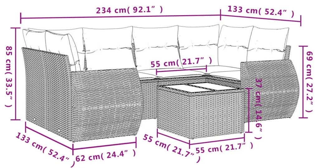 Set divani da giardino 7 pz con cuscini grigio in polyrattan