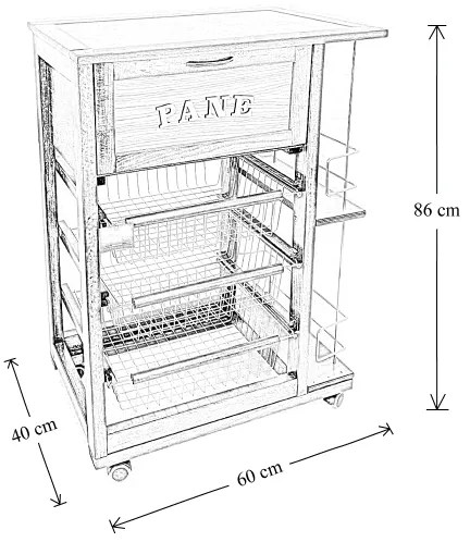 Carrello portapane con portabottiglie e cesti portafrutta Grigio
