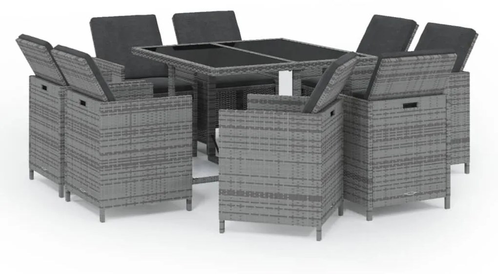 Set Pranzo da Giardino 9 pz con Cuscini in Polyrattan Grigio