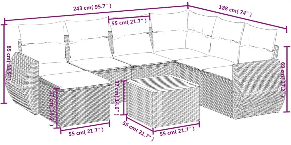 Set divani da giardino con cuscini 8 pz nero in polyrattan