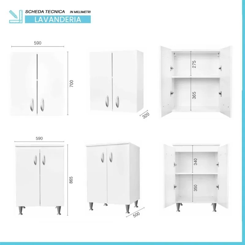 Set da 60 cm con lavatoio base e pensile in legno bianco Fedra