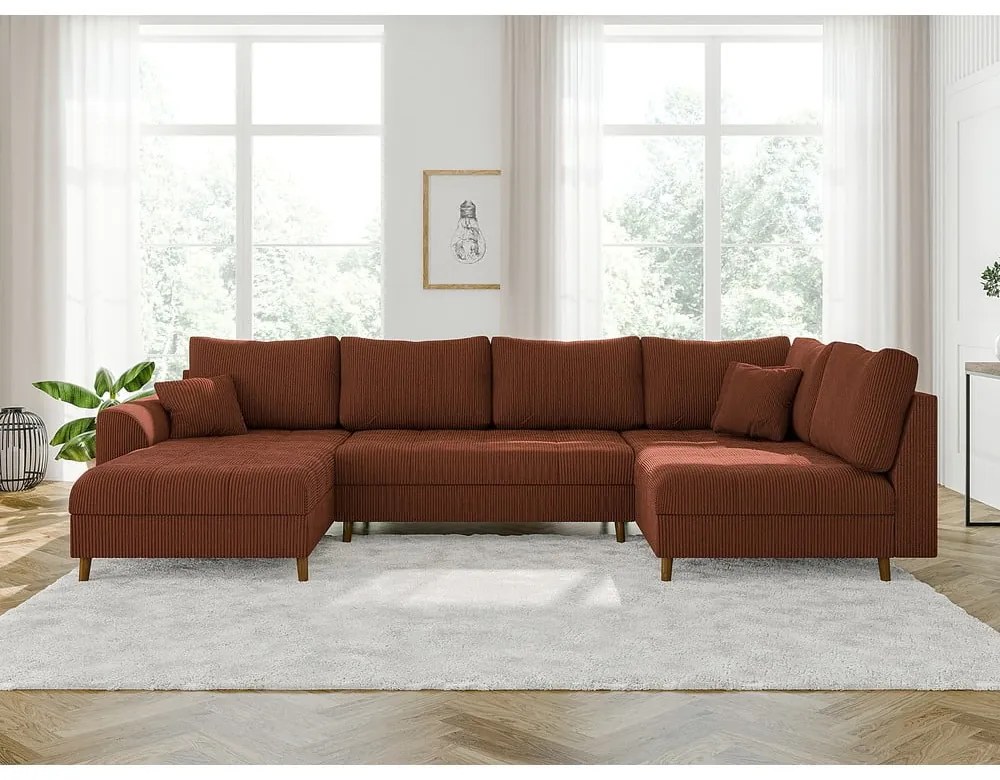 Divano angolare color mattone (con penisola a sinistra) con rivestimento in velluto a coste Ariella – Ropez