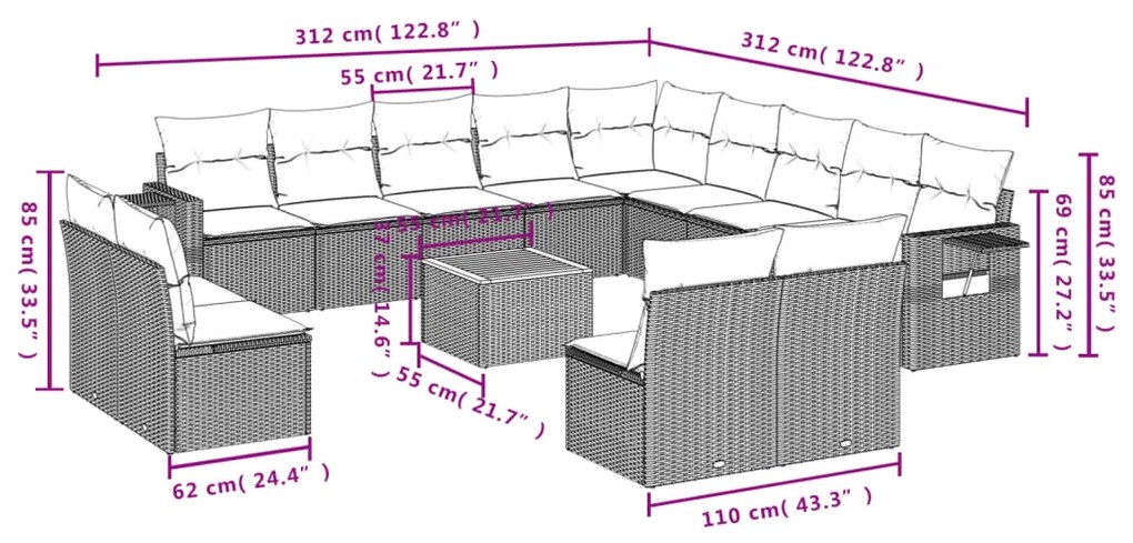 Set divani da giardino 14pz con cuscini in polyrattan grigio