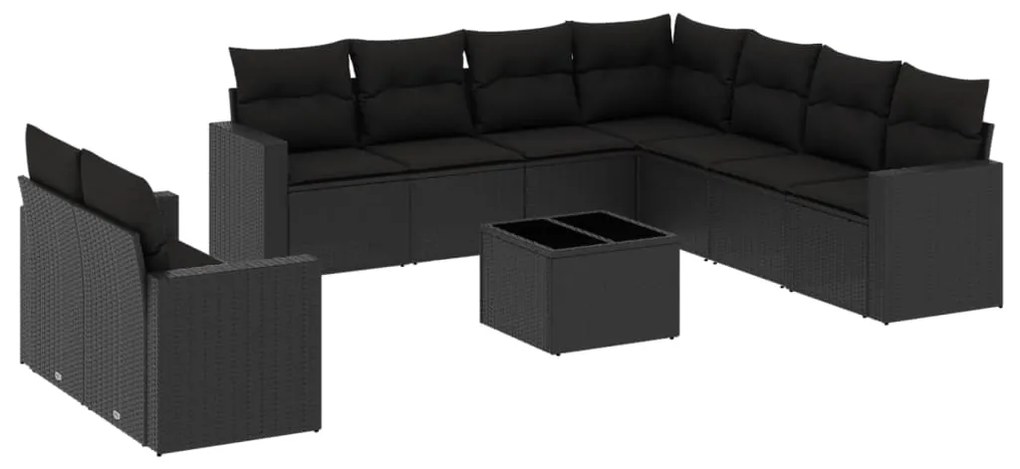 Set divani da giardino 10pz con cuscini in polyrattan nero