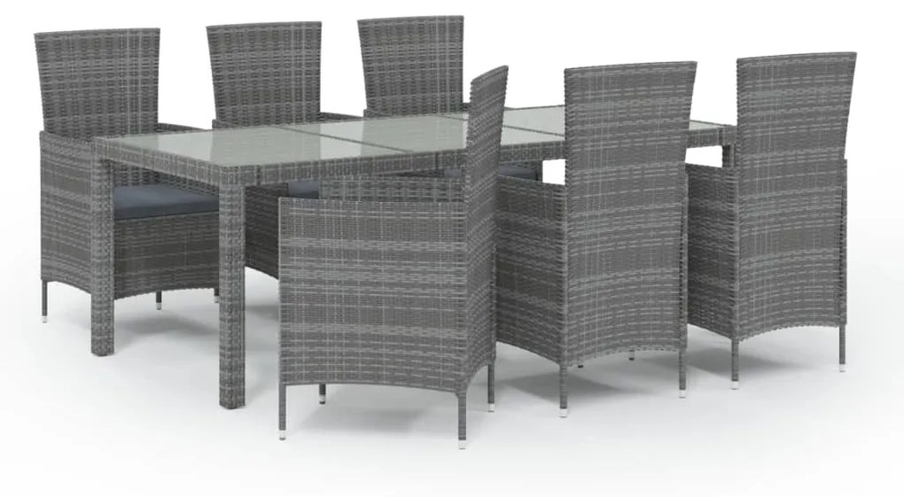 Set da pranzo per esterni 7 pz con cuscini in polyrattan grigio