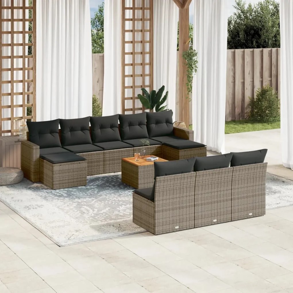 Set divani da giardino 11 pz con cuscini in polyrattan grigio