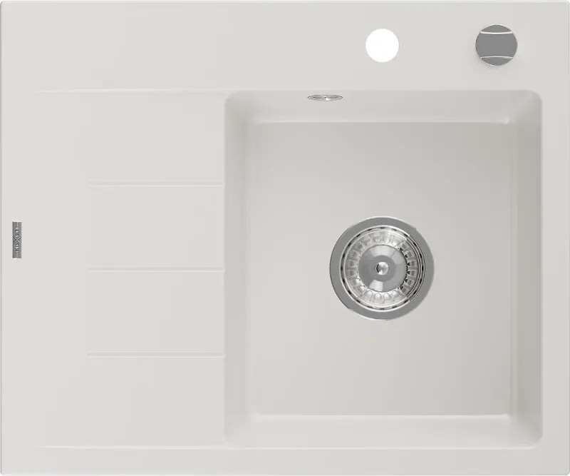 Mexen Ben lavello in granito 1-vasca con sgocciolatoio, destro 600 x 500 mm, bianco, sifone cromato - 6523605000-20