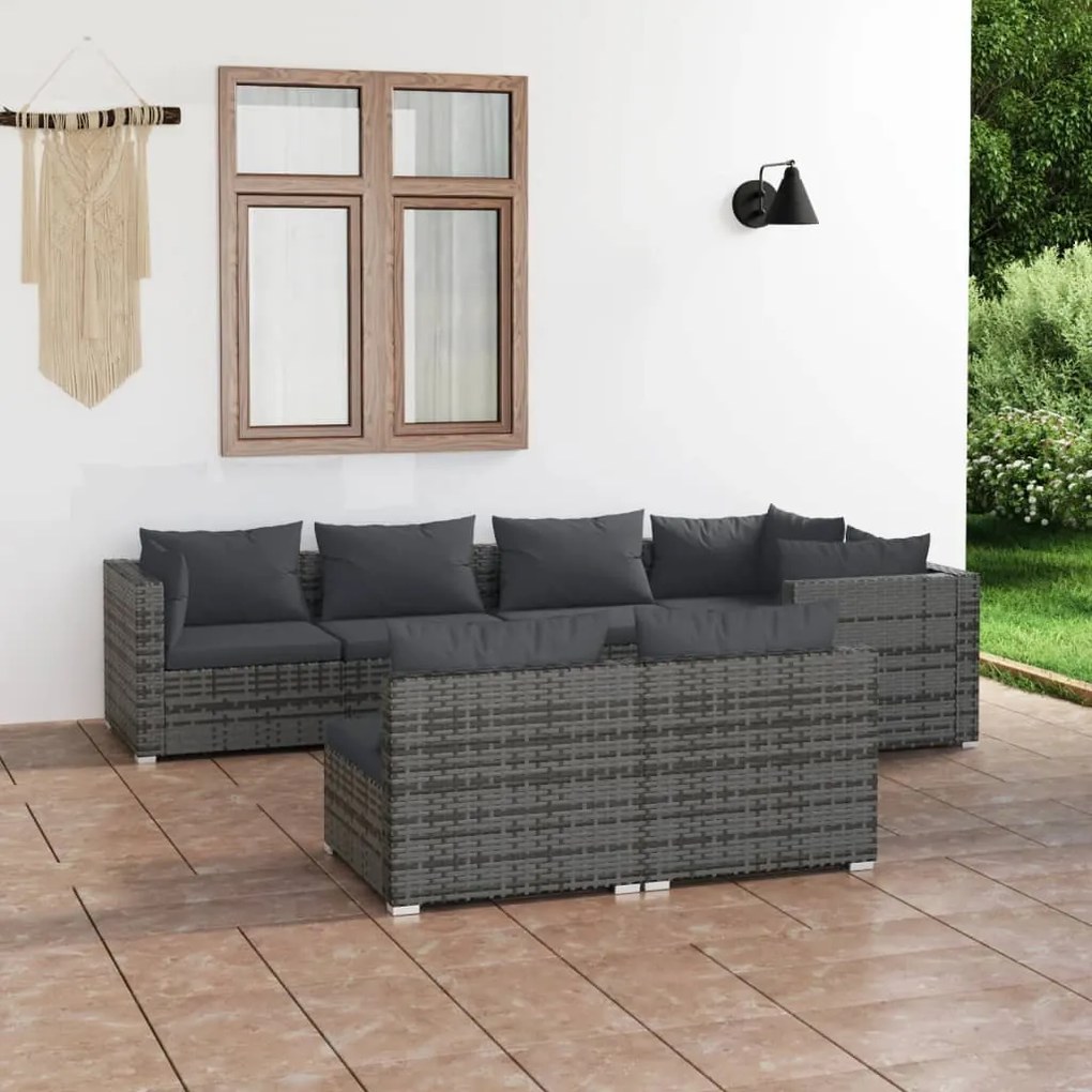 Set Divani da Giardino 7 pz con Cuscini in Polyrattan Grigio