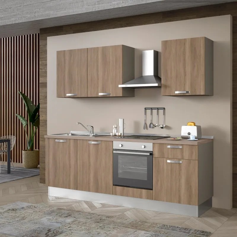 Cucina montata Dora rovere chiaro, lavello a sinistra, L 240 cm, completa di: cappa a camino, piano cottura a induzione, forno