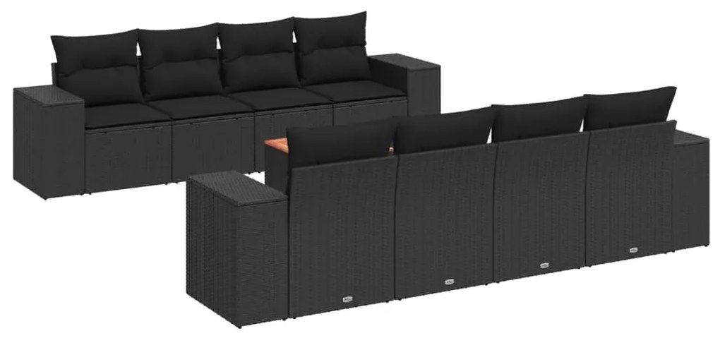 Set divani da giardino 9 pz con cuscini nero in polyrattan