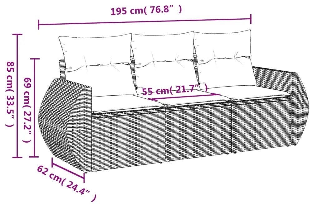 Set divano da giardino 3pz con cuscini grigio chiaro polyrattan