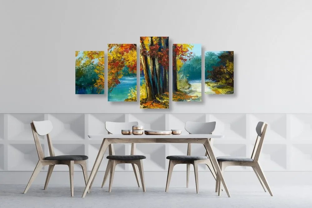 Quadri 5 pezzi – Alberi dipinti nei colori autunnali