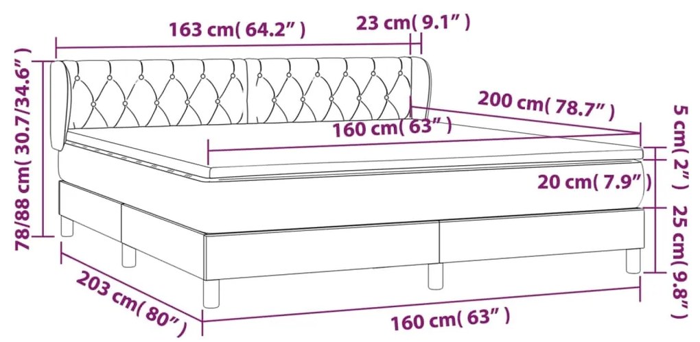 Giroletto a Molle con Materasso Grigio Chiaro 160x200cm Velluto