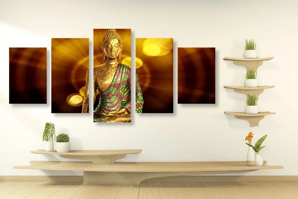 Quadri 5 pezzi – Statua di Buddha con sfondo astratto