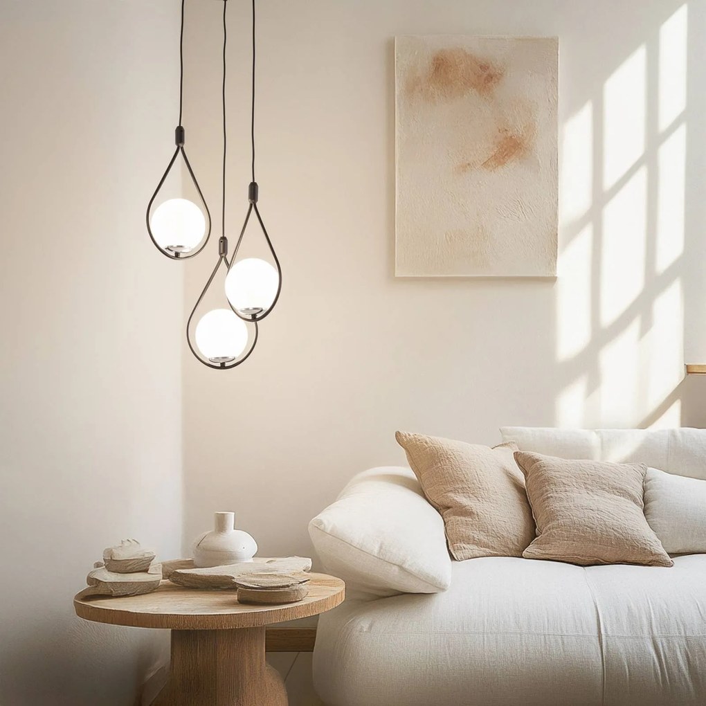 Opviq Lampada a sospensione Mudoni MR-938 a 3 luci rotonda nera/vetro opalino