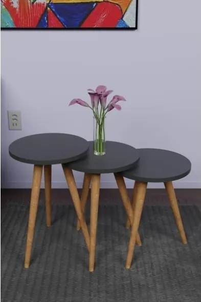Set 3 Tavolini Decorativi Da Salotto Gambe Legno Aphrodite Antracite