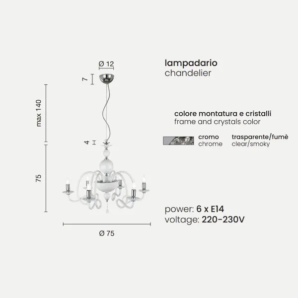 Lampadario a sospensione D75 cm VIVALDI a 6 luci in vetro lavorato a mano FUMČ