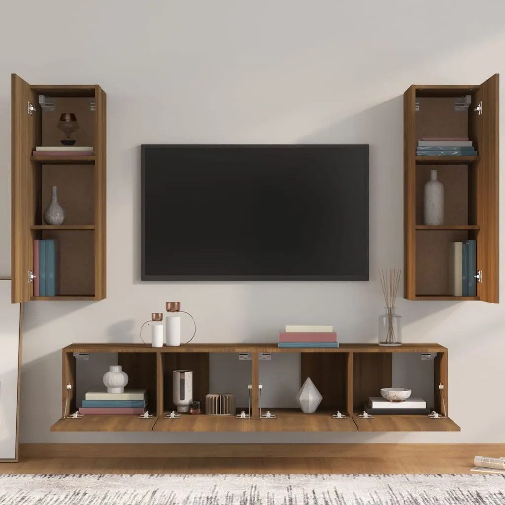 Set mobili porta tv 4 pz rovere marrone in legno multistrato