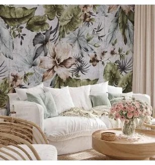 Carta da parati - Nature in retro style - jungle landscape with pale leaves and flowers Premium 200x140