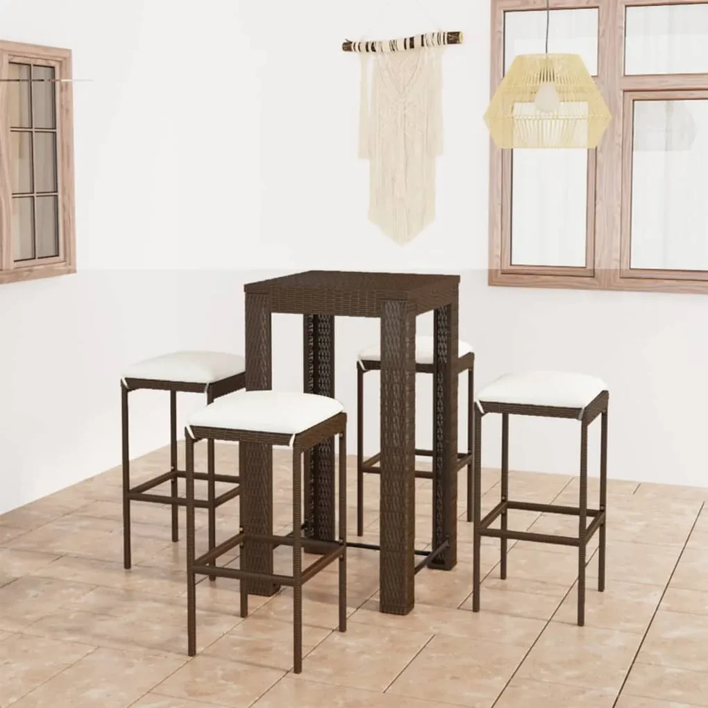 Set da bar da giardino 5 pz con cuscini in polyrattan marrone