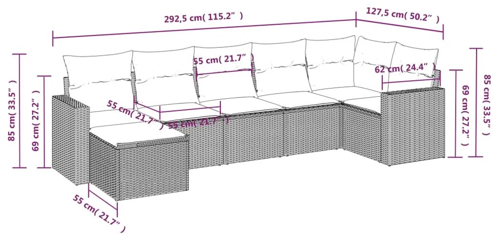 Set divani da giardino 7 pz con cuscini marrone in polyrattan