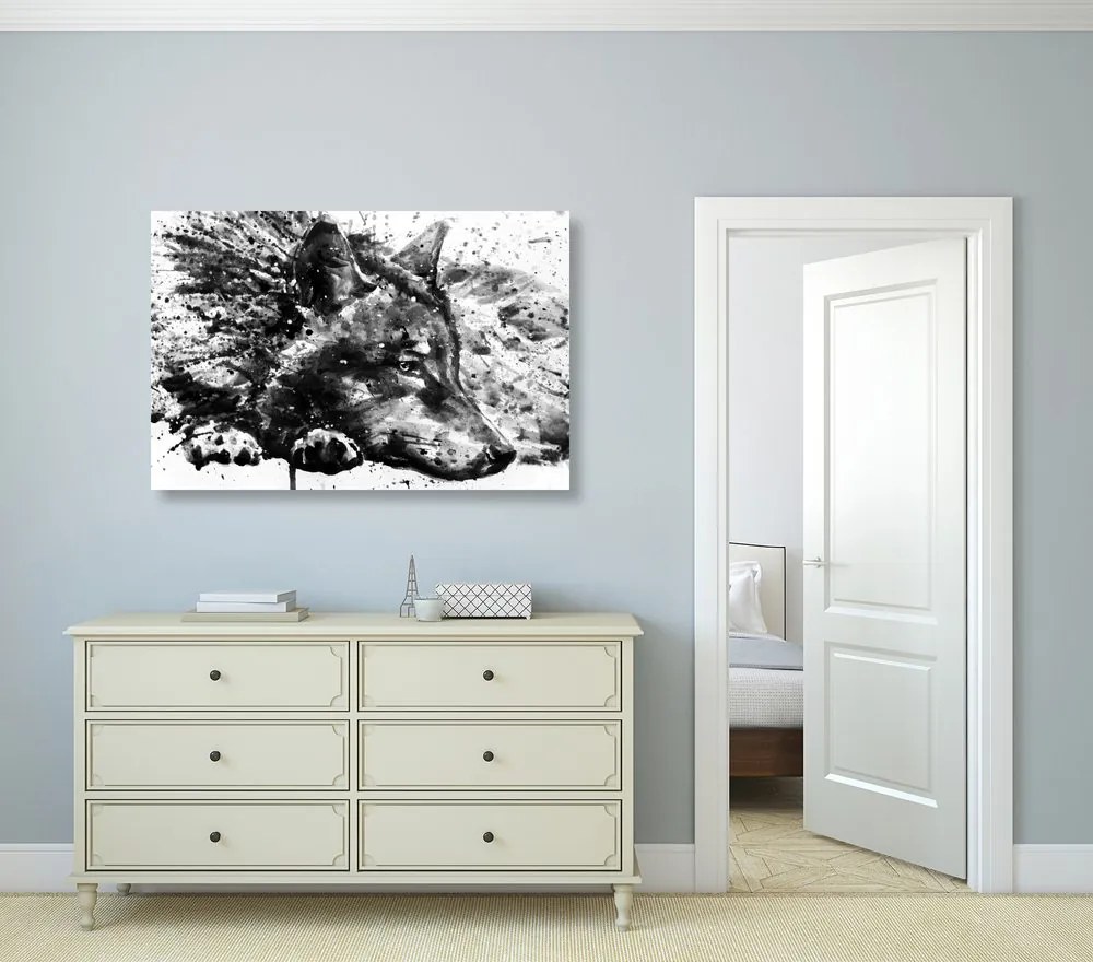 Quadro su tela – Lupo in acquerello in bianco e nero