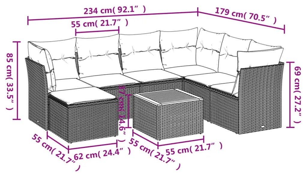 Set divano da giardino 8 pz con cuscini grigio in polyrattan