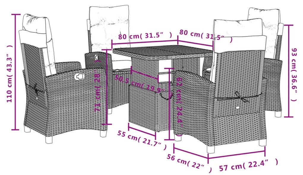 Set da Pranzo da Giardino 5 pz Nero con Cuscini in Polyrattan