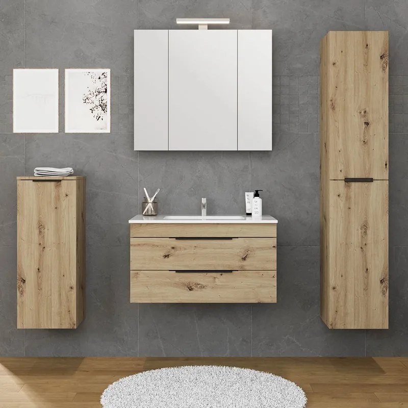 Kamalu - Specchiera bagno 80 cm a tre ante in rovere naturale | LAC-EFESTO-80