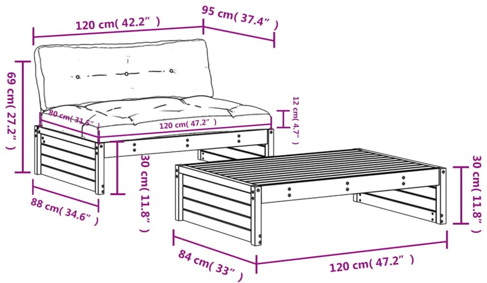 Set Divani da Giardino 2pz con Cuscini in Legno Massello Grigio