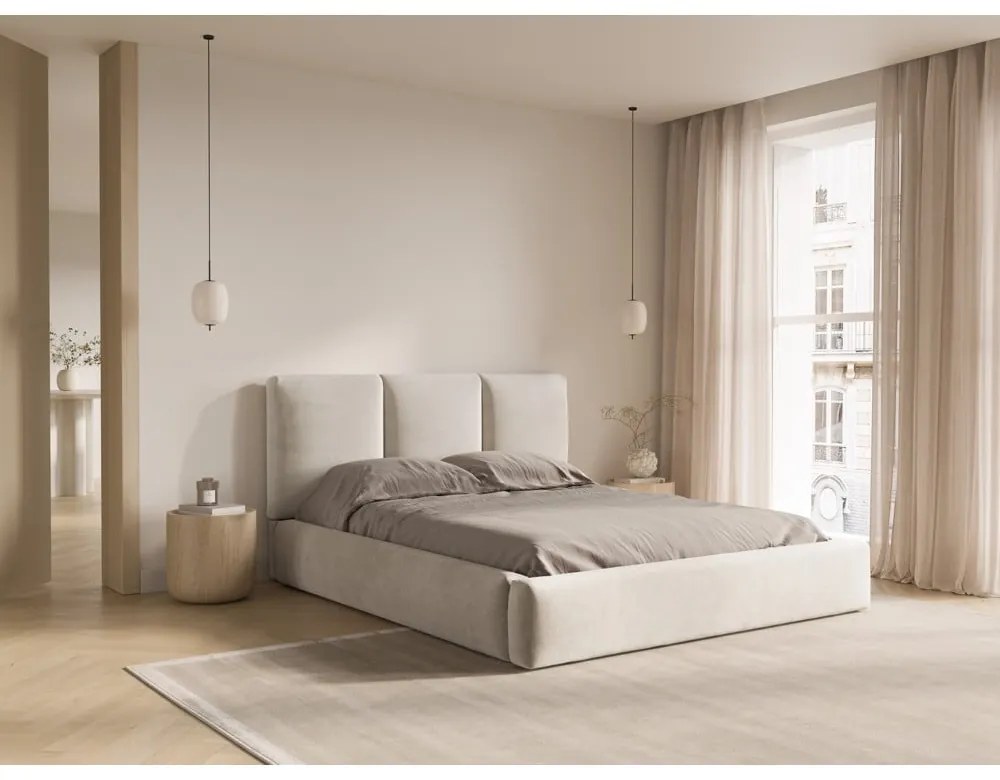 Letto matrimoniale imbottito color crema in velluto con contenitore con rete inclusa 160x200 cm Brody – Mazzini Beds