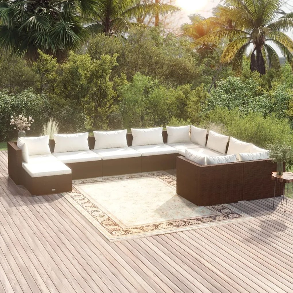 Set Mobili da Giardino 10 pz con Cuscini in Polyrattan Marrone