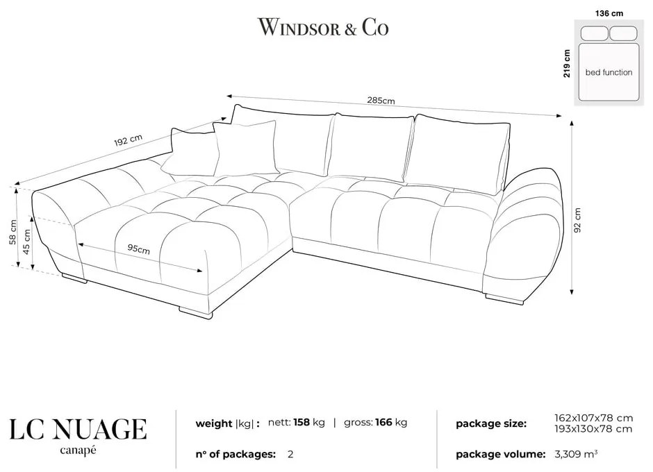 Divano letto angolare grigio scuro con rivestimento in velluto, angolo sinistro Nuage - Windsor &amp; Co Sofas