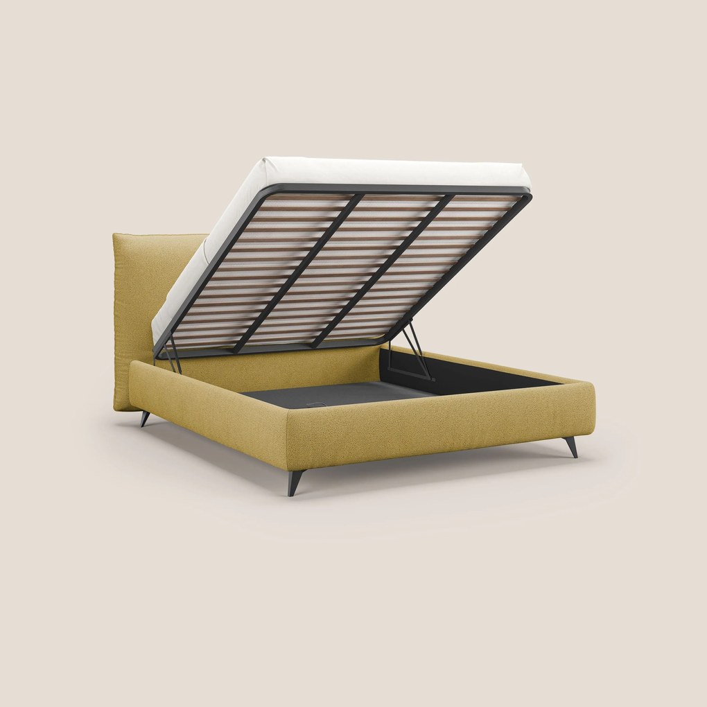 EROS letto imbottito in piuma con vano contenitore in pregiato e fresco bouclet smacchiabile T16 giallo