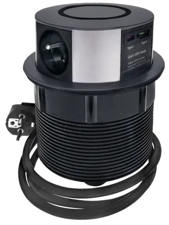 Solight PP120CW-PD20-B - Colonna presa da tavolo con Qi, 3x230V, USB-A e USB-C