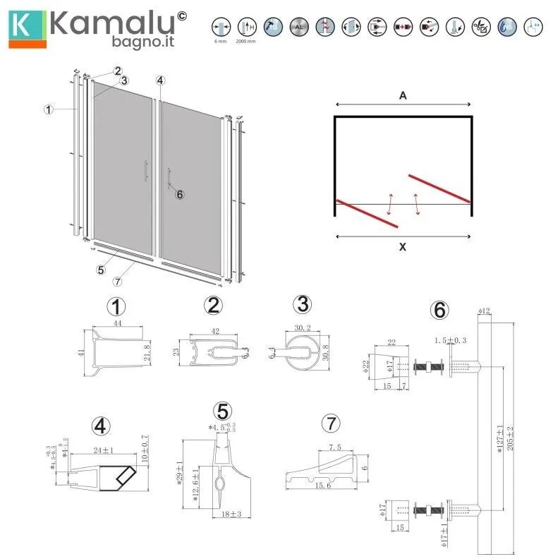 Kamalu - porta doccia saloon 125 cm vetro opaco altezza 200h | ksal2800ai