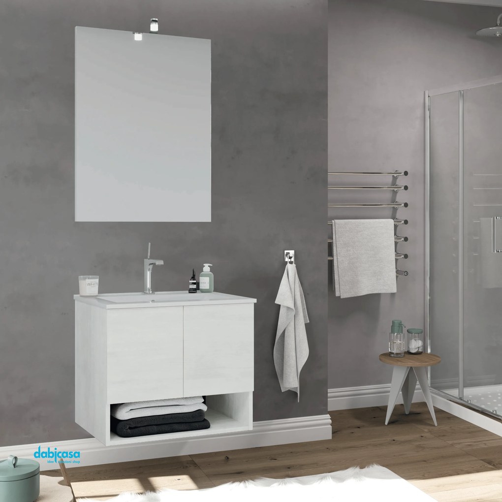 Mobile Bagno Sospeso "Oslo" Da 60 Cm C/Due Ante Ed Un Vano a Giorno In Finitura Rovere Bianco