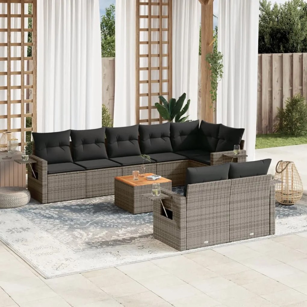 Set divano da giardino 9 pz con cuscini grigio in polyrattan